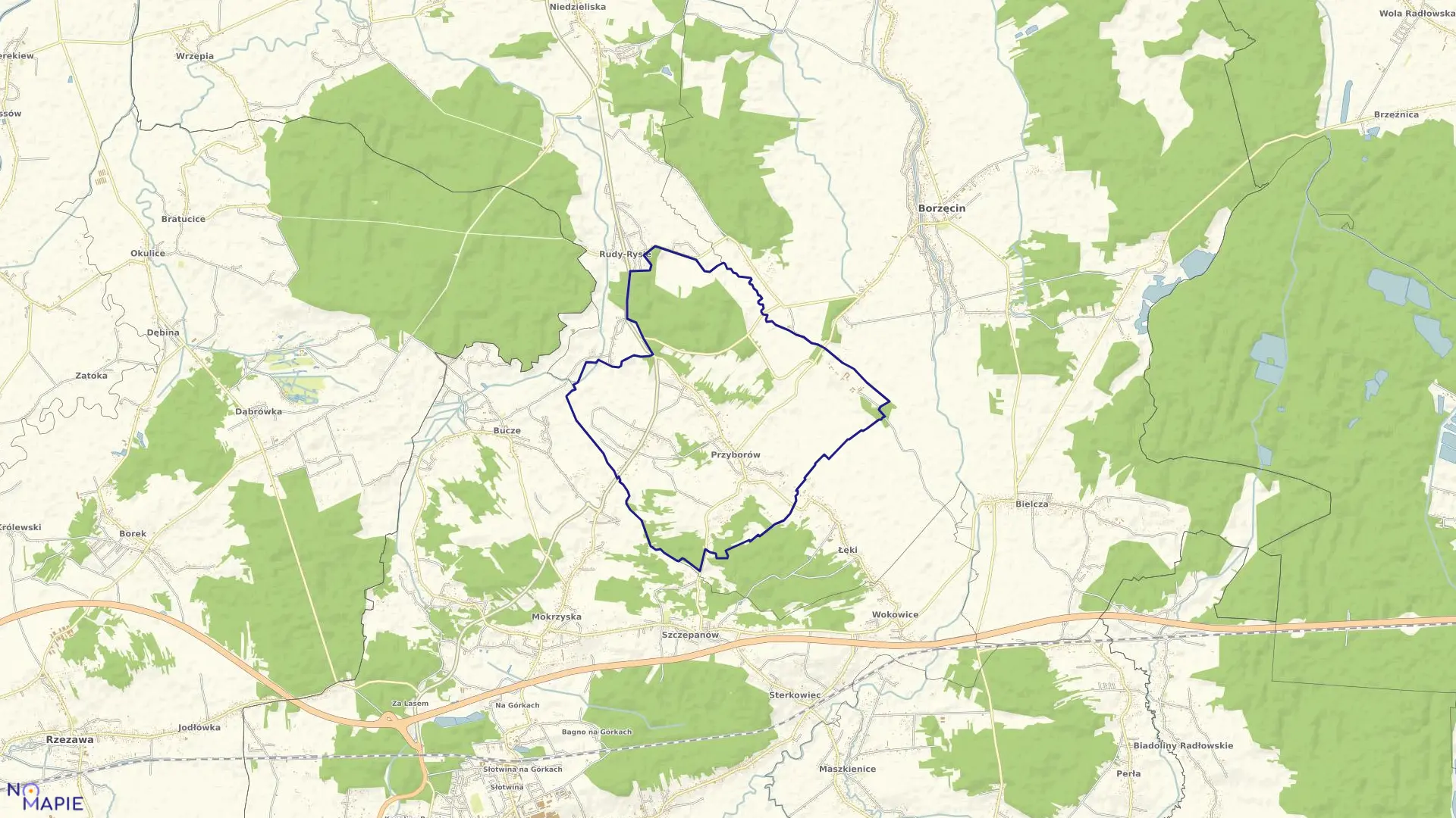 Mapa obrębu PRZYBORÓW w gminie Borzęcin